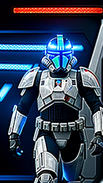 Describe star wars , republic commando that his armor look like senate gard and has jetpack with wrist rockets show it in the heavy battle that using blasters and wrist rockets (blue armor) in star wars prequels  in sci-fi style
