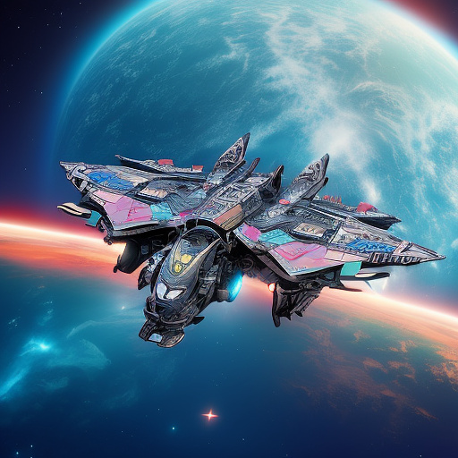 A cheerful transformer flies through space against the backdrop of planets. in angelcore style