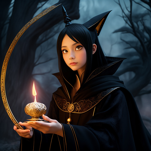 Evil warlock casting a spell with a wand in anime style