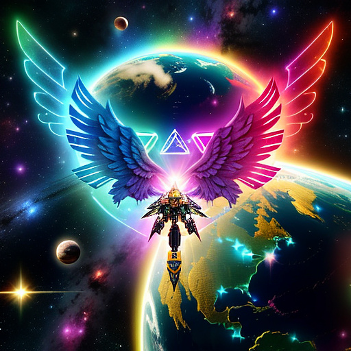 A cheerful transformer flies through space against the backdrop of planets. in angelcore style