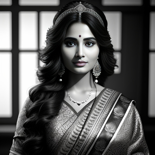 A very beautiful indian realistic lady full size image, here both 2 hands has lotus flowers. she is looking very attractive, charming and curvy body. she is wearing lot of ornaments.  in bw photo style