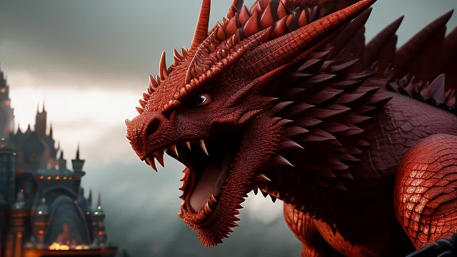 A red dragon god with spikes opening his mouth in disney 3d style