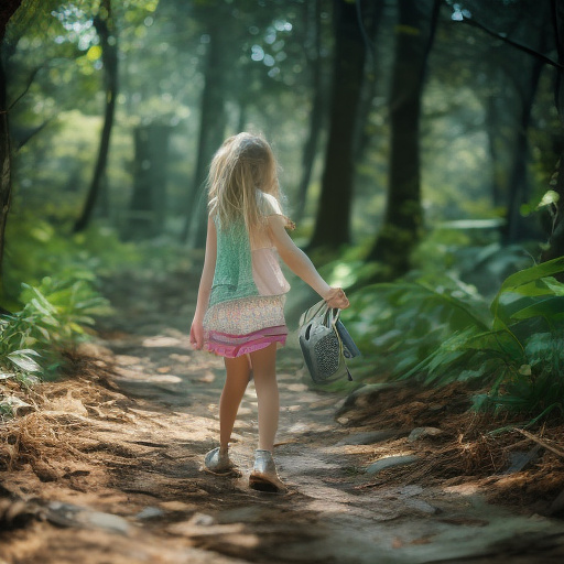 A 9-year-old girl is walking along a forest path. it's evening. she has a basket in her hand. view from behind. in custom style