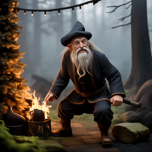 Depict a short old man looking like a little gnome with an old wrinkled face, a long hooked nose with a wart on its tip, and sparse gray long hair. he is wearing an old-fashioned medieval style suit and has thin old arms and legs with old joints and hooked fingers. the old man is missing part of his front teeth, he has a wrinkled, sallow face expressing a mad grin, he has large, slightly pointed ears and sparse hair going around them ,  an old, worn witch like cap on his head, the old man dances crookedly around a night fire where he cookes somethng boiling in an old pot in the middle of the night dark forest , surrounded by tall ancient trees and sparkes from the fire lightening his figure and reflecting in his eyes in anime style