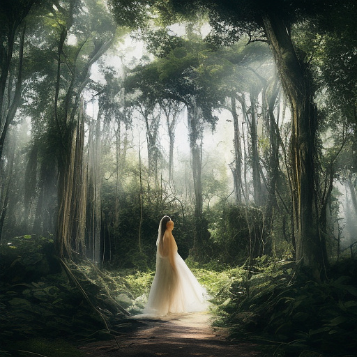 This is highly aesthetic picture that shows majestic green forest. in the middle of the picture there is a big circle shaped portal into another dimension, the edges of the portal are beautifully blurry naturally blending with the forest. the portal shows radically different from the surroundings picture - the space inside the portal is black, it is other dimension is space, cosmos and a lot of stars. the picture symbolizes how a human discovers something greater than oneself. in front of the portal there is a figure of a young woman standing near a white big wolf with her hand on its scruff, she has long wavy hair. she is facing the portal in eternal awe and is to be seen only from behind. in custom style