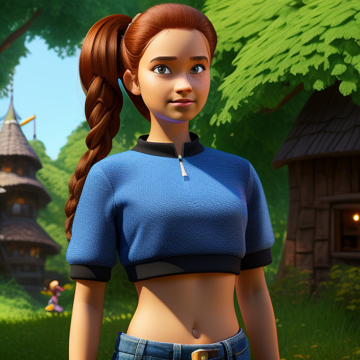 A 14 year old girl with crop top and a big belly button  in disney 3d style