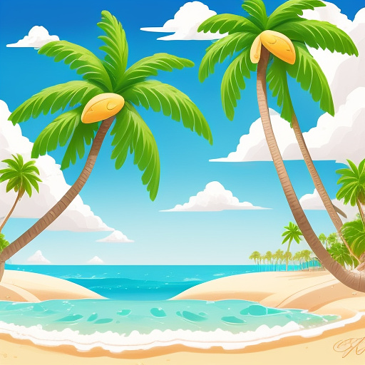 A simple style beach background with palm trees and organic clouds. with the water close  in disney painted style