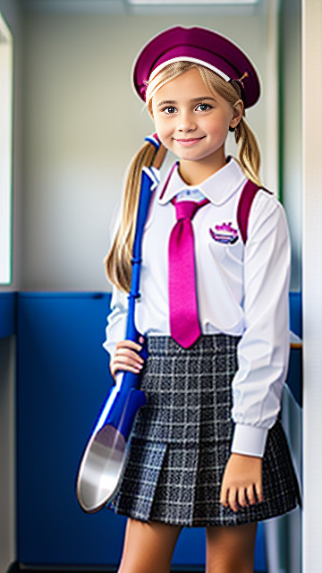 White, blonde, girl 9 years old, school outfit, holding a large dildo, in custom style