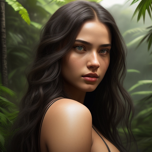 A young woman with long dark hair, beautiful detailed eyes, beautiful detailed lips, extremely detailed face and skin, longeyelashes, wearing a sexy combat outfit, holding a very detailed blaster pistol, raiding an imperial convoy in a lush jungle, action pose, cinematic lighting, dramatic colors, (best quality,4k,8k,highres,masterpiece:1.2),ultra-detailed,(realistic,photorealistic,photo-realistic:1.37),science fiction,concept art in custom style