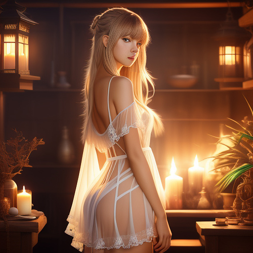 1 woman (lalisa manobal, age 25,sheer airy colorful dress) is a seductive witch, seduction magic cast at conan, high fantasy, exotic bedroom loads of candles and animal furs, looking back over her shoulder
 in anime style