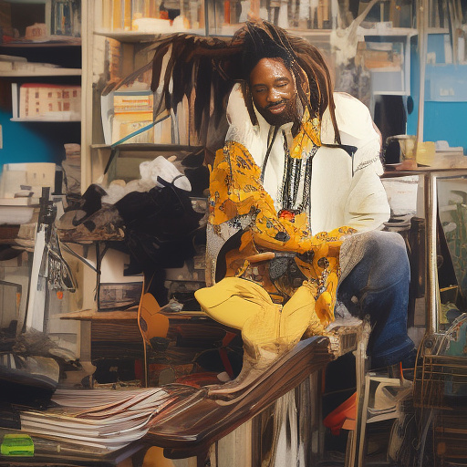A black rastafarian is sitting on his desk, smiling happily. in custom style