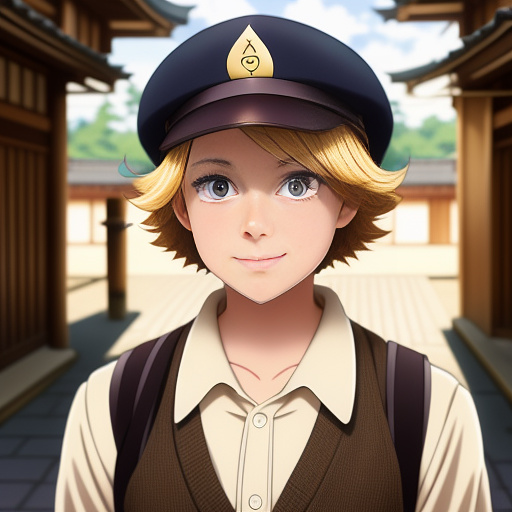 1930s blonde newsboy selling paper while wearing brown cap in anime style