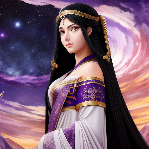 Roman empress, long black hair, beautiful, purple eyes
 in anime style