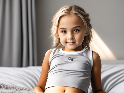 Realistic, detailed, 6-year-old girl, blonde hair, full-body, grey school mini-skirt, short white sports top, relaxing on bed, aroused expression, looking between her legs, girl bits, in custom style
