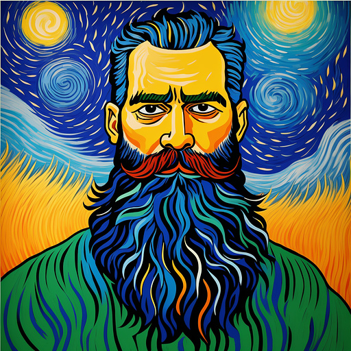 Colorful 35 years man painted cartoon animated surrealistic  100kg (very short beard) in neo impressionism style