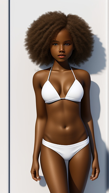  realistic, detailed 12-year-old light skin ebony , slim thick bikini white, white room  in custom style