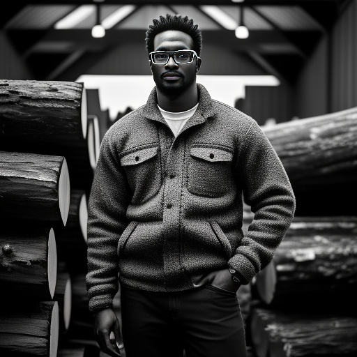 Full body portrait of an african american lumberjack wearing hearing protection and safety glasses standing next to a pile of logs
 in bw photo style