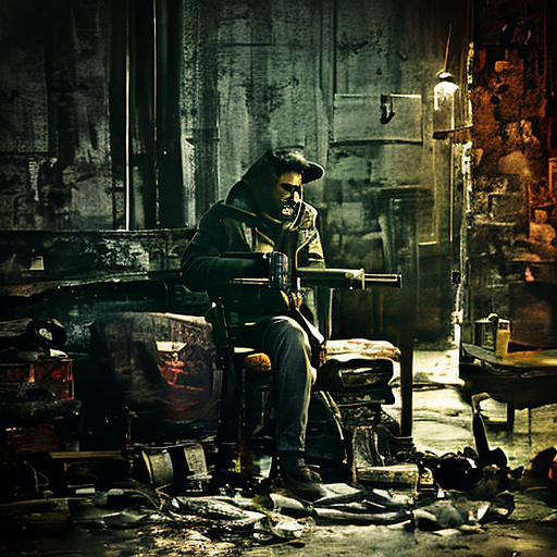 In a dark room, there is a telephone and a gun on the table. a man is sitting on a chair, and he is dead. in custom style