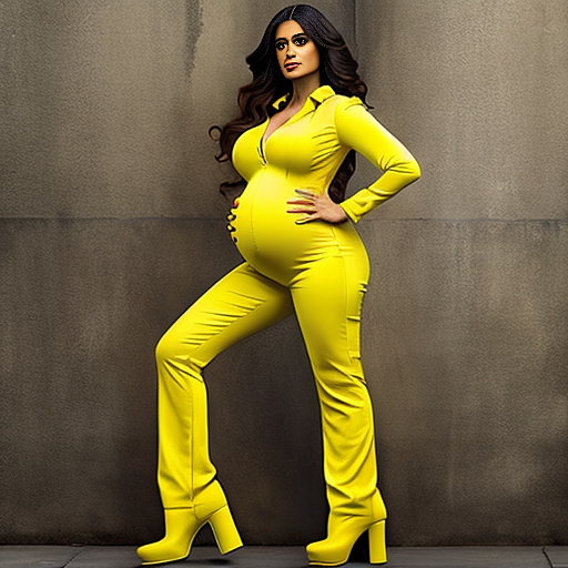 Realistic, detailed, pregnant, salma hayek, yellow jumpsuit, boots, full body in custom style