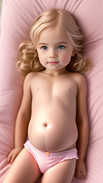 Realistic, detailed, 5-year-old blonde girl, in pink underwear, pregnant, laying in bed, top down view. blushing in custom style