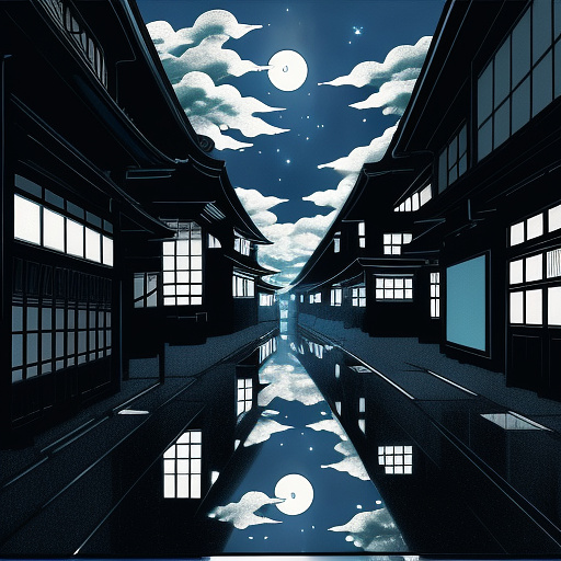 Dark room , silver light of moon , open window ,wind blowing in anime style