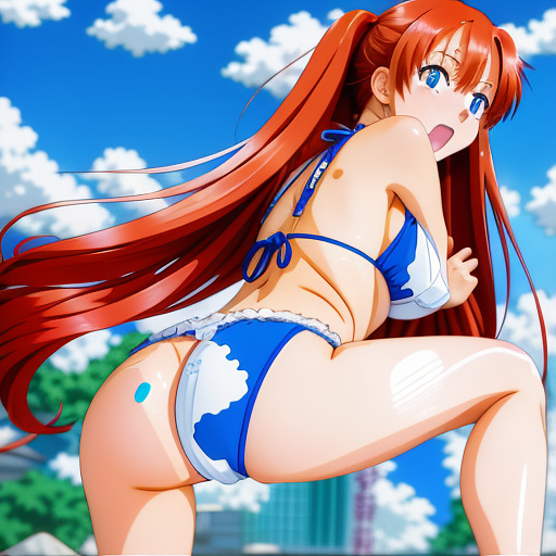 Busty redhead with long ponytail being punched in the crotch with her eyes closed screaming in pain while wearing a royal blue thong bikini in anime style