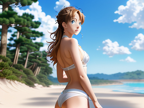 Masterpiece, photo realistic image, at a distance of 18 meters from that scene, a beauty facial features of 23 year old german woman, her from the front, her gaze straight ahead, her body standing upright, with gym buildbody well defined,  on the realistic white sand of a wide beach under a blue sky on a sunny day. 
 in anime style