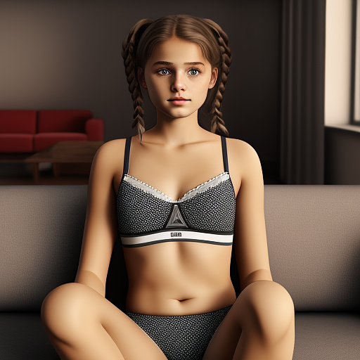 Ultra realistic a cute 15 year old german girl sits on the sofa in the living room in sexy underwear in custom style