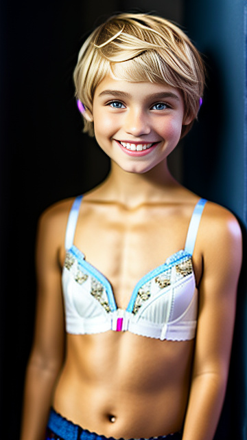 Smiling white, blonde, very cute, girl 11 years old, pixie cut blond hair, bra, make hair shorter in custom style