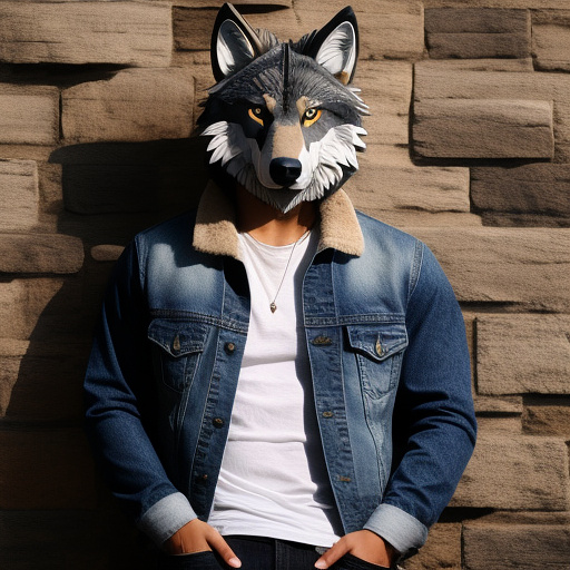 Wolf head on a human body with a denim jacket in custom style