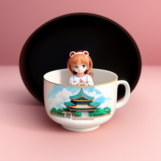 Tiny anime girl inside a tea cup in bikin in anime style