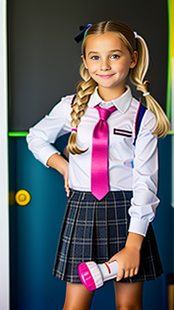 White, blonde, girl 9 years old, school outfit, holding a dildo, in custom style