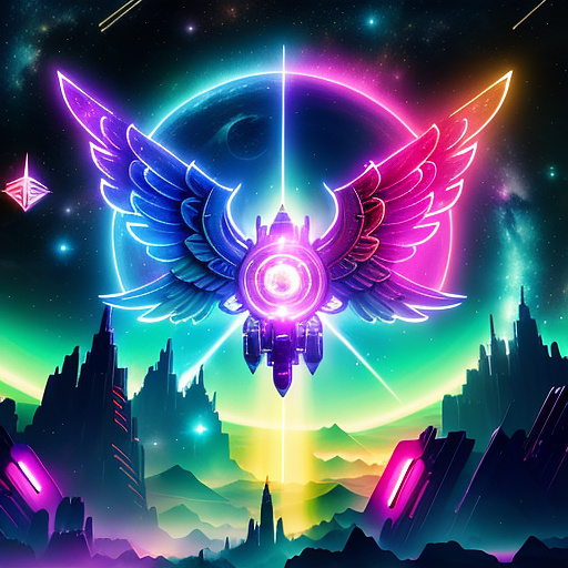 A cheerful transformer flies through space against the backdrop of planets. in angelcore style