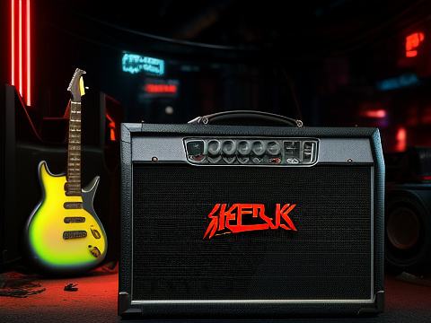 Guitar amp destroyed by an axe and all equipment are all over the place in cyberpunk style