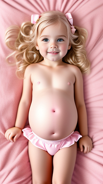 Realistic, detailed, 4-year-old blonde girl, pregnant, pink wedding outfit, showing belly, laying in bed, top down full body view, red blush, pink heart on cheek in custom style