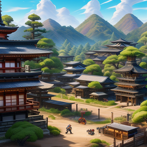 Fortnite characters interacting in a detailed scene with building structures, weapons, and additional elements in anime style