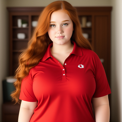 18 year old huge thick curvy bbw white girl ginger long hair behind head  and in 5 buttons tipped red polo shirt 
 in custom style