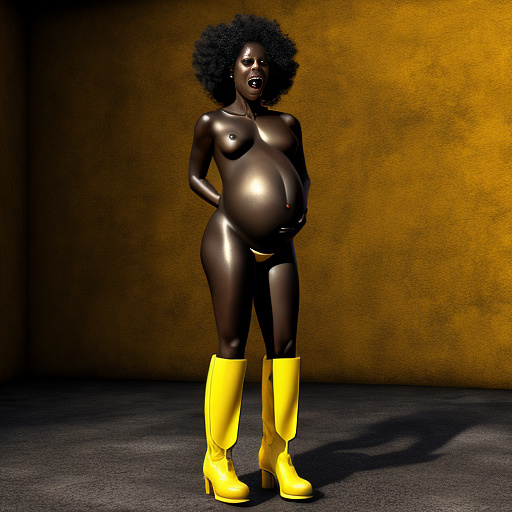 Realistic, detailed, pregnant, black skinned, nude, yellow boots, screaming in pain, standing  in custom style