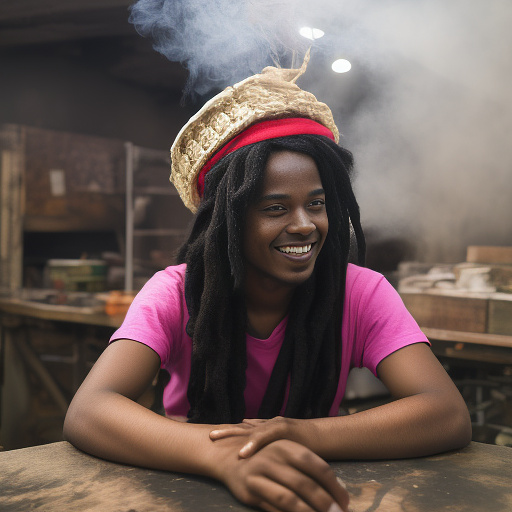 A black rastafarian is sitting on a worktable, smiling happily and smoking. the room is smoky. he's wearing a pink cap. in custom style