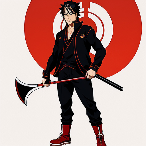 A man worn in red oat black pants holdin a four scythe in anime style    in anime style