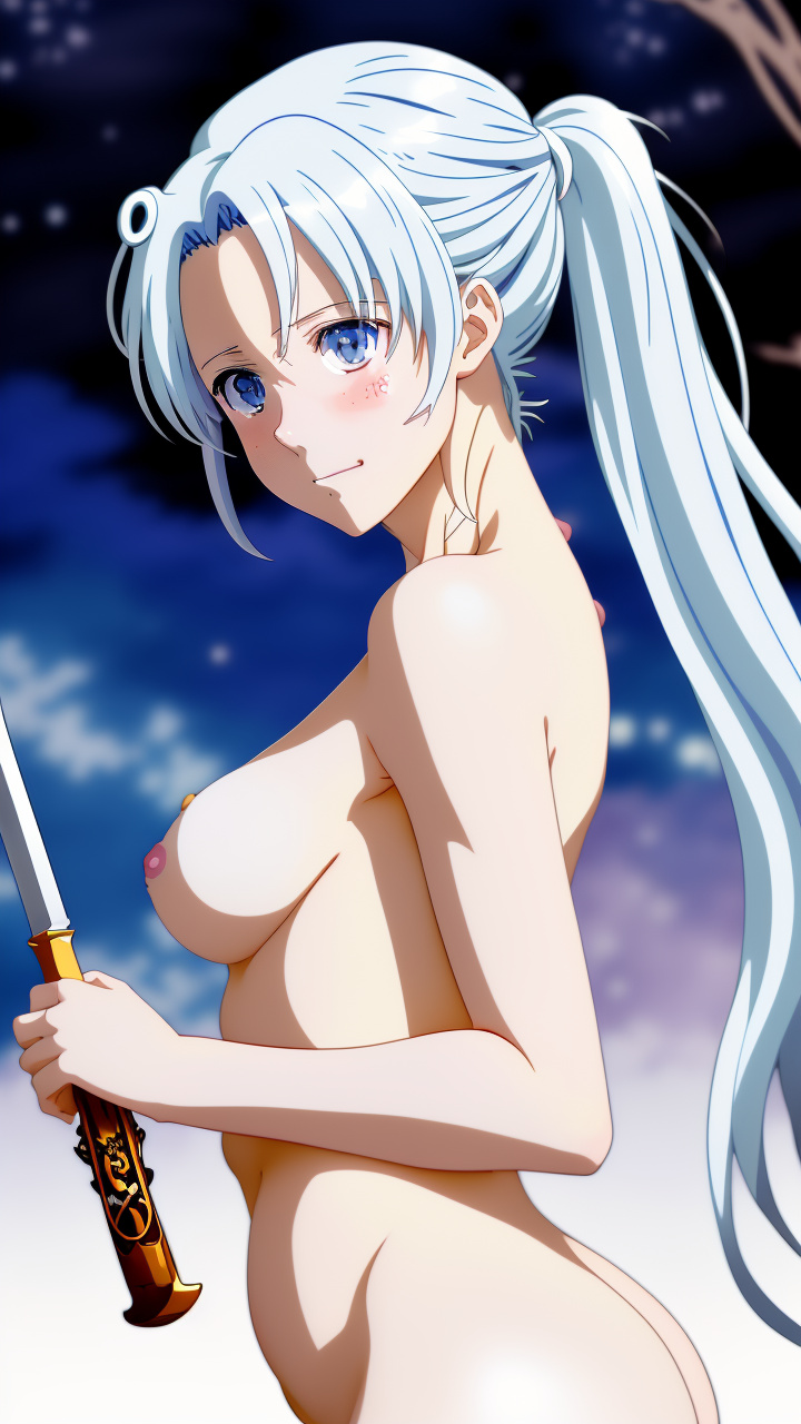 In this image, we see an anime-style woman, holding a silver bayonet in her hand. she has white hair and extremely detailed blue eyes, wearing nothing, nude. the atmosphere is arousing and she is hypnotised, the room appears dimly lit, enhancing the dramatic effect of the scene. the woman''s expression corrupted and in pleasure.  in anime style