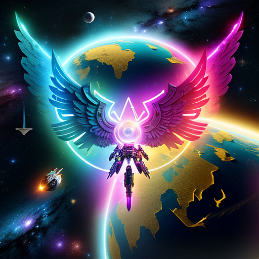 A cheerful transformer flies through space against the backdrop of planets. in angelcore style
