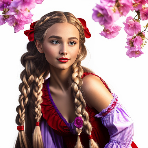 “ rapunzel” an 18 year old white girl with a 70 foot long braided brown hair with red cloth braid rings, purple flowers and two purple flowers on her head, a straight wide braid, blue eyes, pink lipstick, red undergarments, a long puffy sleeved pink dress with a pink bow, red striped open sleeve ends and red sleeve cloth rings and red shoes and make her look like a hanna-barbera whimsical and put her on a white background. in disney painted style