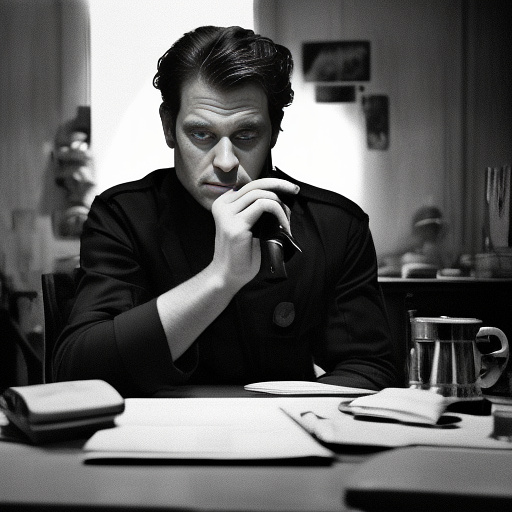 In a dark room, there is a telephone and a gun on the table. a man is sitting on a chair, and he is dead. in custom style