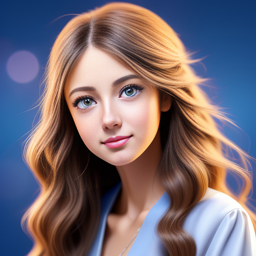 Create an image of a beautiful young girl with big blue eyes small soft lips and a cute nose long wavy hair a slender neck large breasts small waist slender hips yes you're going to be a beautiful angel and your radiate love everyone you come in contact will love you and you'll love them back in anime style
