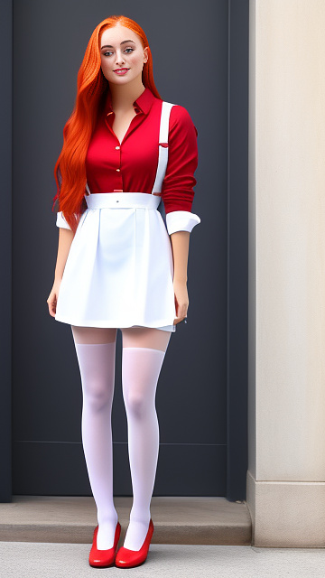 Sophie turner wearing a white shirt, red tie, blue pinafore dress, red pantyhose, and blue loafers in custom style