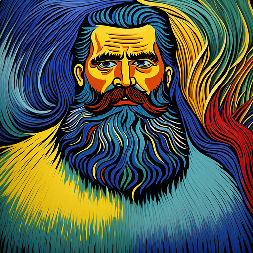 Colorful 40 years man painted cartoon animated surrealistic  100kg short beard in neo impressionism style