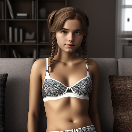 Ultra realistic a cute 14 year old german girl sits on the sofa in the living room in sexy underwear in custom style