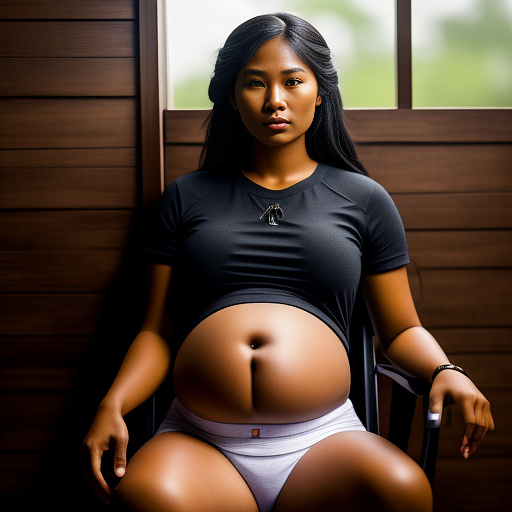 A pregnant filipina teen poor clothes bracing herself against a chair showing her pregnant belly 
 heavily pregnant poor clothes
linea negra in realistic style
