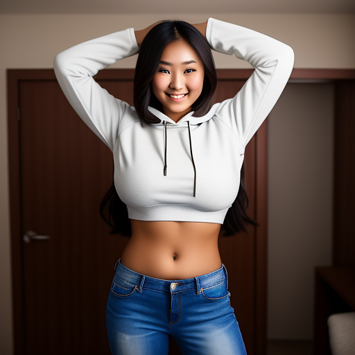 Sexy asian college student with big boobs getting tickled with her arms up and in a very loose long sleeve cropped hoodie and long jeans pants and showing her whole belly and standing in the bedroom and full body picture in custom style